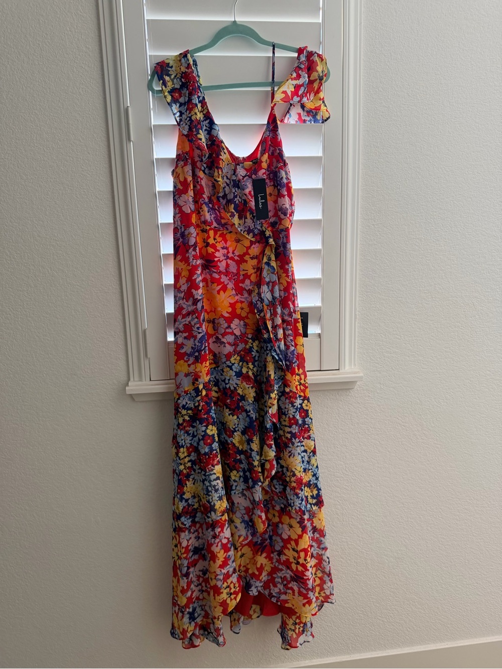 Lulu's Red Floral Wrap Dress with Yellow & Blue Blooms - Picture 8 of 8